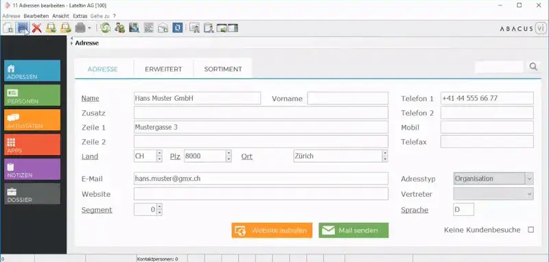 Benutzeroberfläche des ABACUS CRM-Systems, die ein Adressformular zeigt. Hauptmerkmale:
Linke Seitenleiste mit farbcodierten Menüoptionen: Adressen, Dokumente, Aktivitäten, Apps, und Notizen.
Hauptbereich mit Adressdetails
Die Oberfläche ist auf Deutsch und ermöglicht eine detaillierte Verwaltung von Kundenkontakten und zugehörigen Informationen.