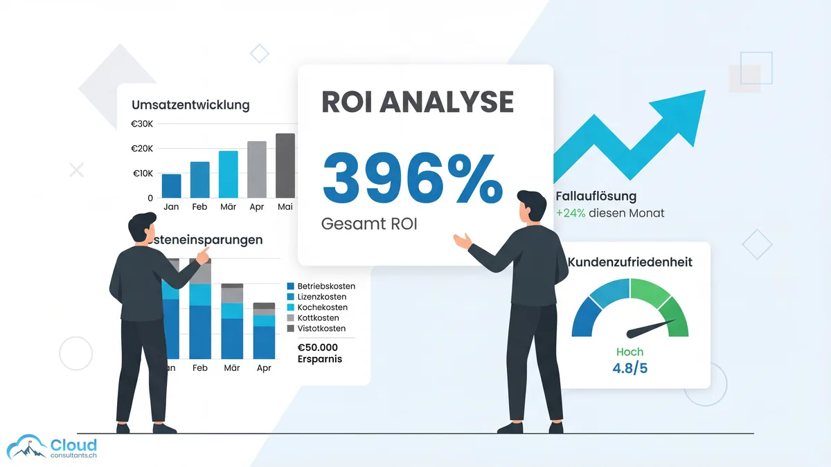 ROI-Analyse-Dashboard zeigt 396% Gesamt-ROI, steigende Umsatzentwicklung, Kosteneinsparungen nach Kategorie und hohe Kundenzufriedenheit bei Agentforce-Implementierungen