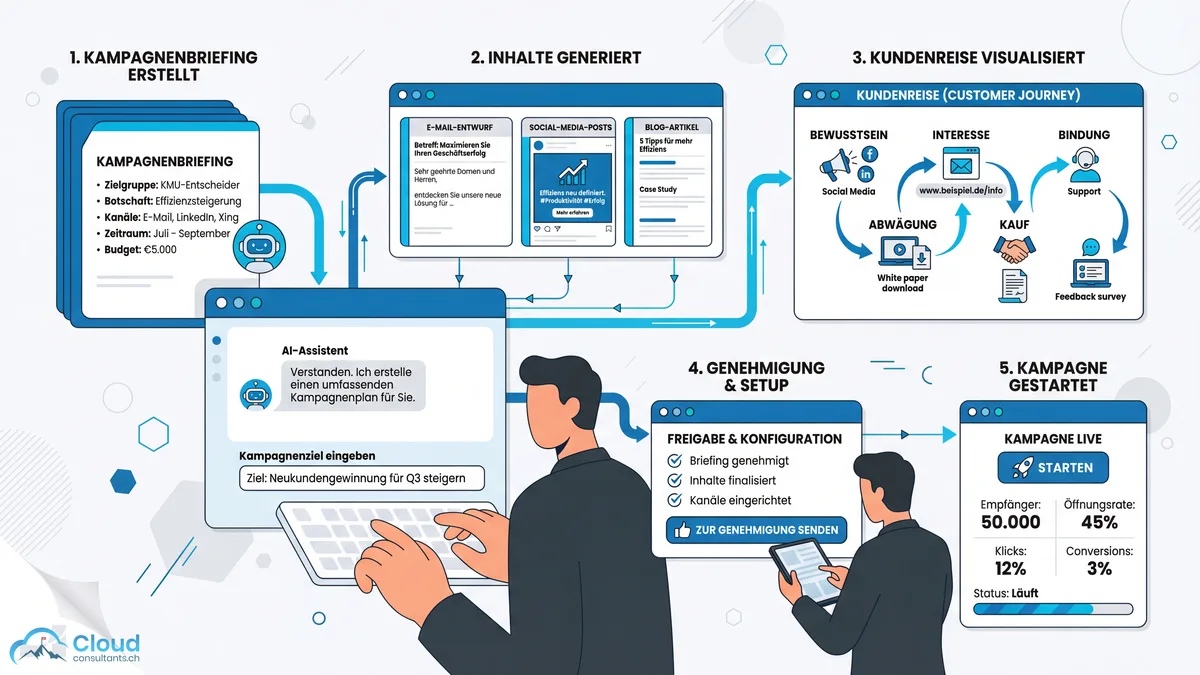 Fünf-Schritte-Prozess der KI-gestützten Kampagnen-Erstellung mit Agentforce: vom Briefing über Content-Generierung und Customer-Journey-Visualisierung bis zum Launch