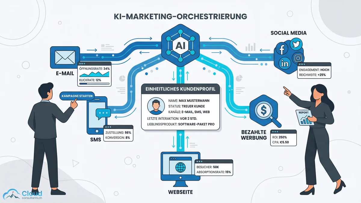 KI-Marketing-Orchestrierung: Zentraler KI-Hub verbindet E-Mail, SMS, Social Media, bezahlte Werbung und Webseite mit einem einheitlichen Kundenprofil