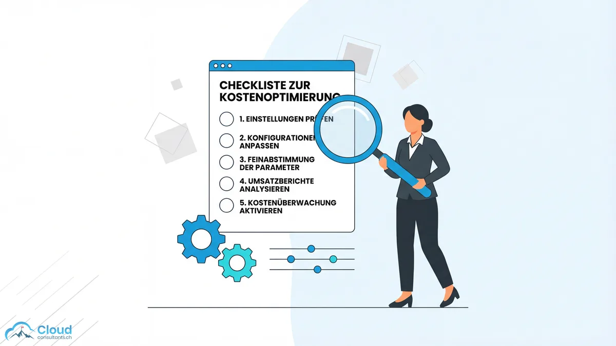 Checkliste zur Kostenoptimierung mit fünf Schritten: Einstellungen prüfen, Konfigurationen anpassen, Parameter feinabstimmen, Berichte analysieren und Kostenüberwachung aktivieren