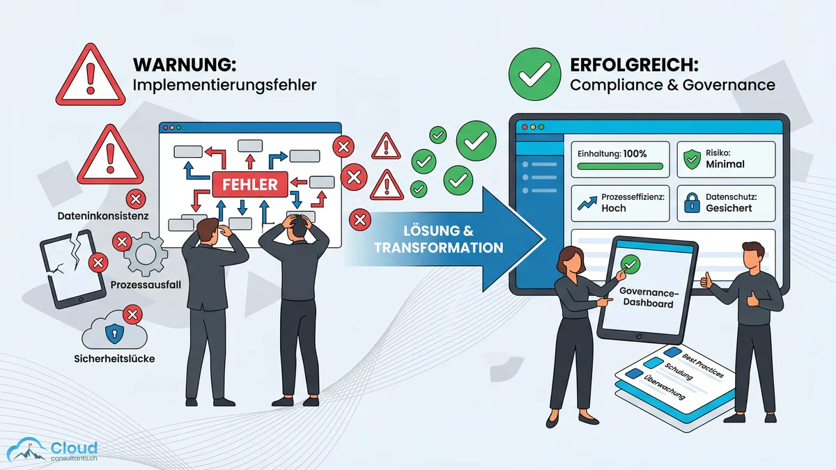 Typische Implementierungsfehler vermeiden: Warnsignale wie fehlende Bedarfsanalyse, mangelnde Governance und vernachlässigte Benutzerakzeptanz werden zu Best-Practice-Lösungen transformiert