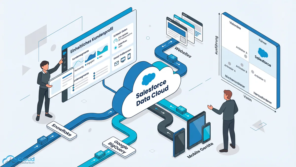 Flat Illustration der Salesforce Data Cloud als zentrale CDP-Plattform mit Datenströmen aus Snowflake, Google BigQuery, Websites und Mobile-Geräten, die zu einem einheitlichen Kundenprofil zusammenfliessen