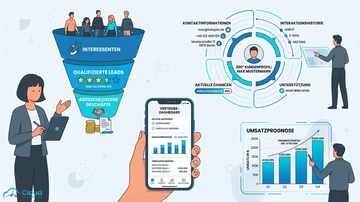 Übersicht der CRM-Kernfunktionen: Lead-Scoring-Trichter von Interessenten bis Abschluss, 360-Grad-Kundenprofil mit Kontaktinformationen und Interaktionshistorie, mobiles Vertriebs-Dashboard und Umsatzprognose-Diagramm