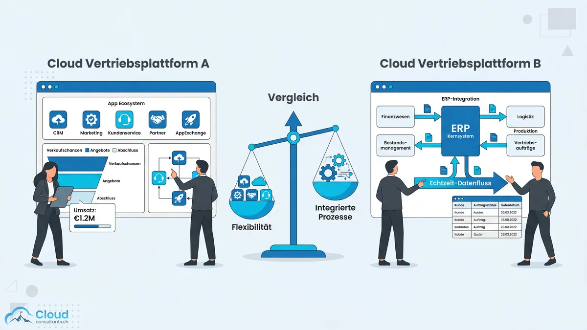 Vergleich zweier Cloud-Vertriebsplattformen: links ein App-Ökosystem mit CRM, Marketing und AppExchange, rechts eine ERP-Integration mit Finanzwesen, Logistik und Echtzeit-Datenfluss — verbunden durch eine Waage zwischen Flexibilität und integrierten Prozessen