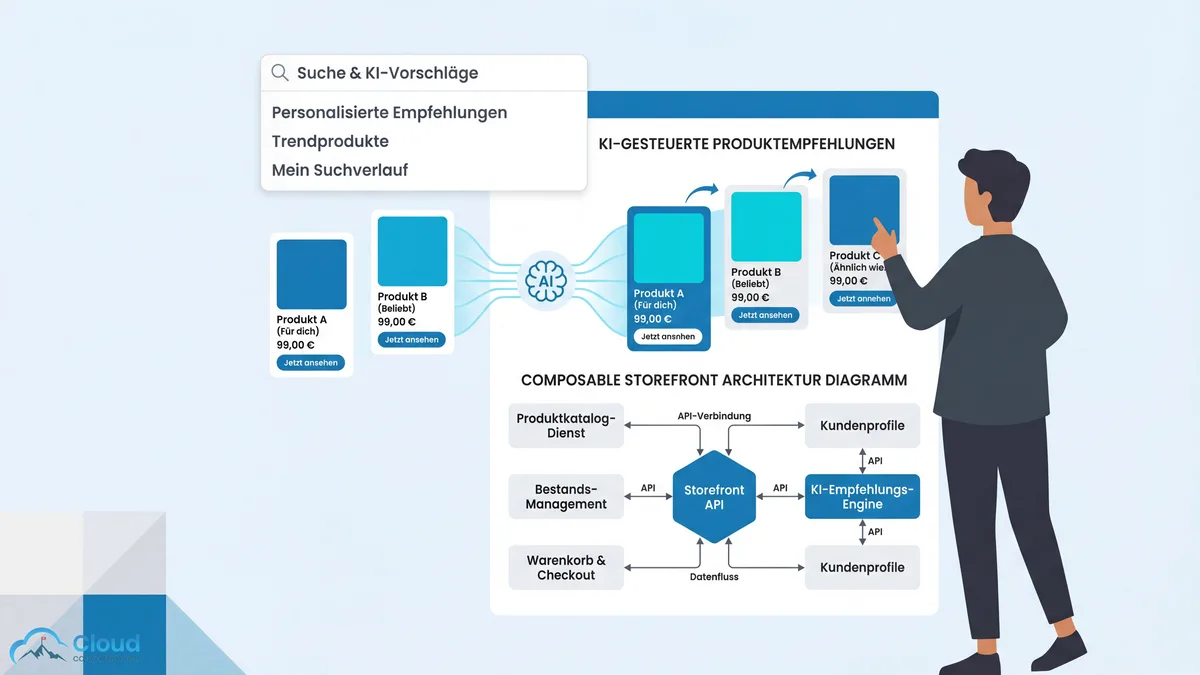 Illustration der KI-gesteuerten Produktempfehlungen und Composable Storefront Architektur: Oben personalisierte Suche mit KI-Vorschlägen und dynamisch umsortierte Produktkarten, unten ein API-Architekturdiagramm mit Storefront API als zentralem Knotenpunkt