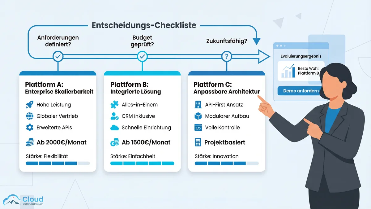 Entscheidungs-Checkliste für die Wahl einer E-Commerce-Plattform: Drei Plattformkarten mit Enterprise Skalierbarkeit, Integrierter Lösung und Anpassbarer Architektur — jeweils mit Stärken, Preisindikation und Feature-Icons