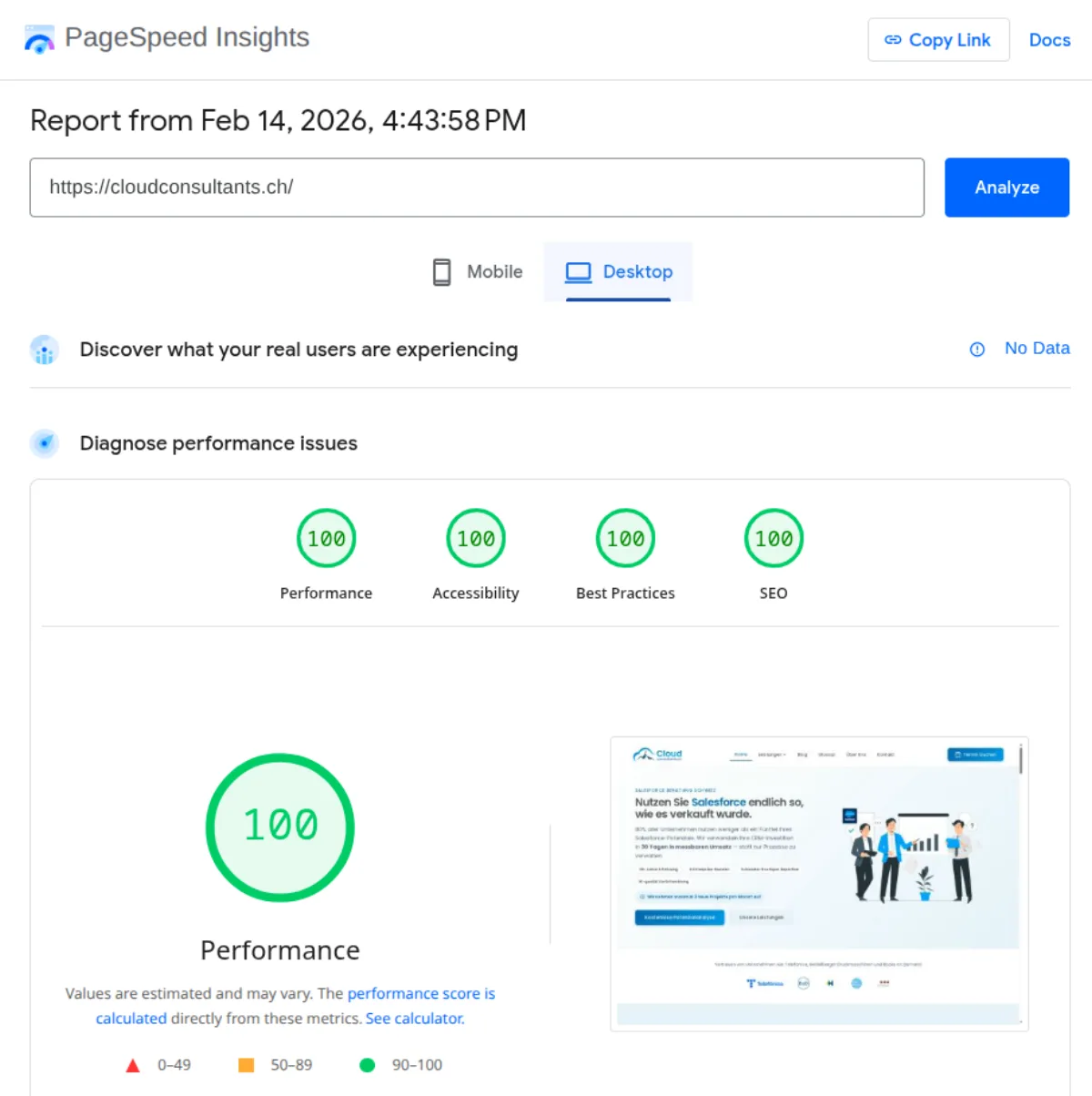 PageSpeed Insights Ergebnis von cloudconsultants.ch mit perfekten Scores: Performance 100, Accessibility 100, Best Practices 100, SEO 100 — getestet am 14. Februar 2026