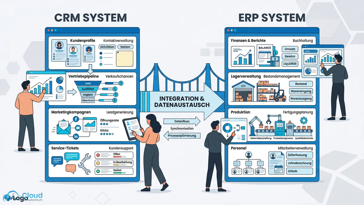 Vergleich von CRM-System und ERP-System: CRM verwaltet Kundenprofile, Vertriebspipeline und Marketingkampagnen, während ERP Finanzen, Lagerverwaltung und Produktion steuert — verbunden durch Integration und Datenaustausch