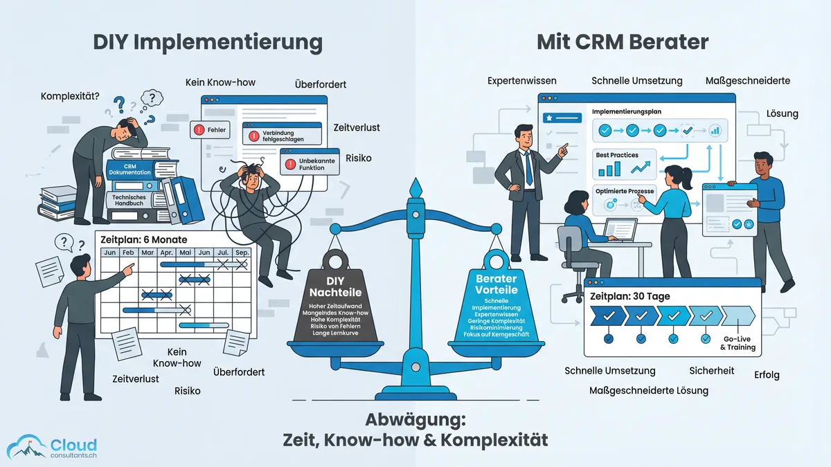 Entscheidungshilfe: Links ein Team, das CRM in Eigenregie einführt und dabei auf Hürden stösst, rechts ein externer CRM-Consultant, der den Prozess strukturiert begleitet — in der Mitte eine Waage mit den Faktoren Zeit, Know-how und Komplexität
