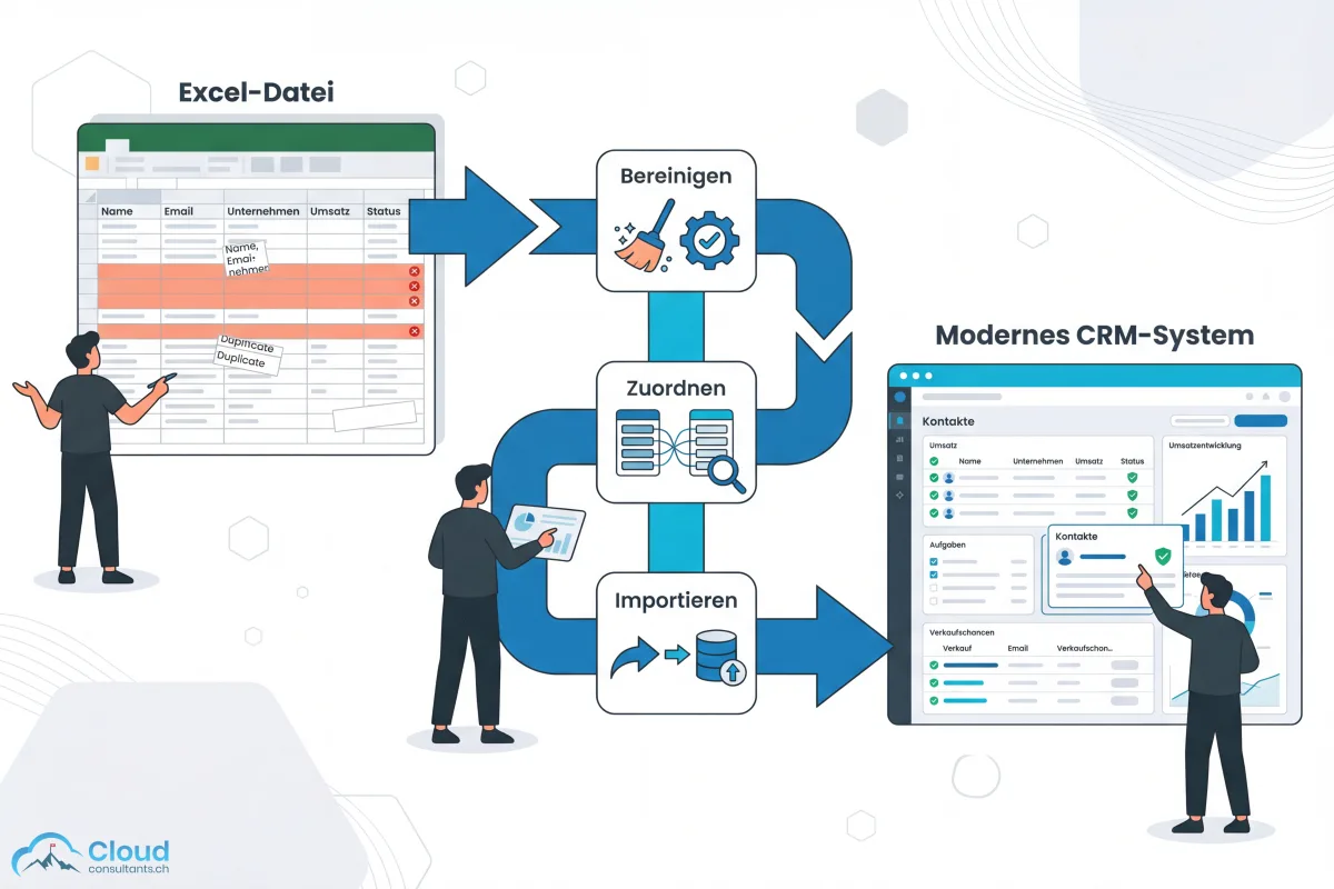 Datenmigration von Excel zum CRM: Eine Excel-Datei mit Duplikaten und Fehlern wird in drei Schritten — Bereinigen, Zuordnen und Importieren — in ein modernes CRM-System überführt