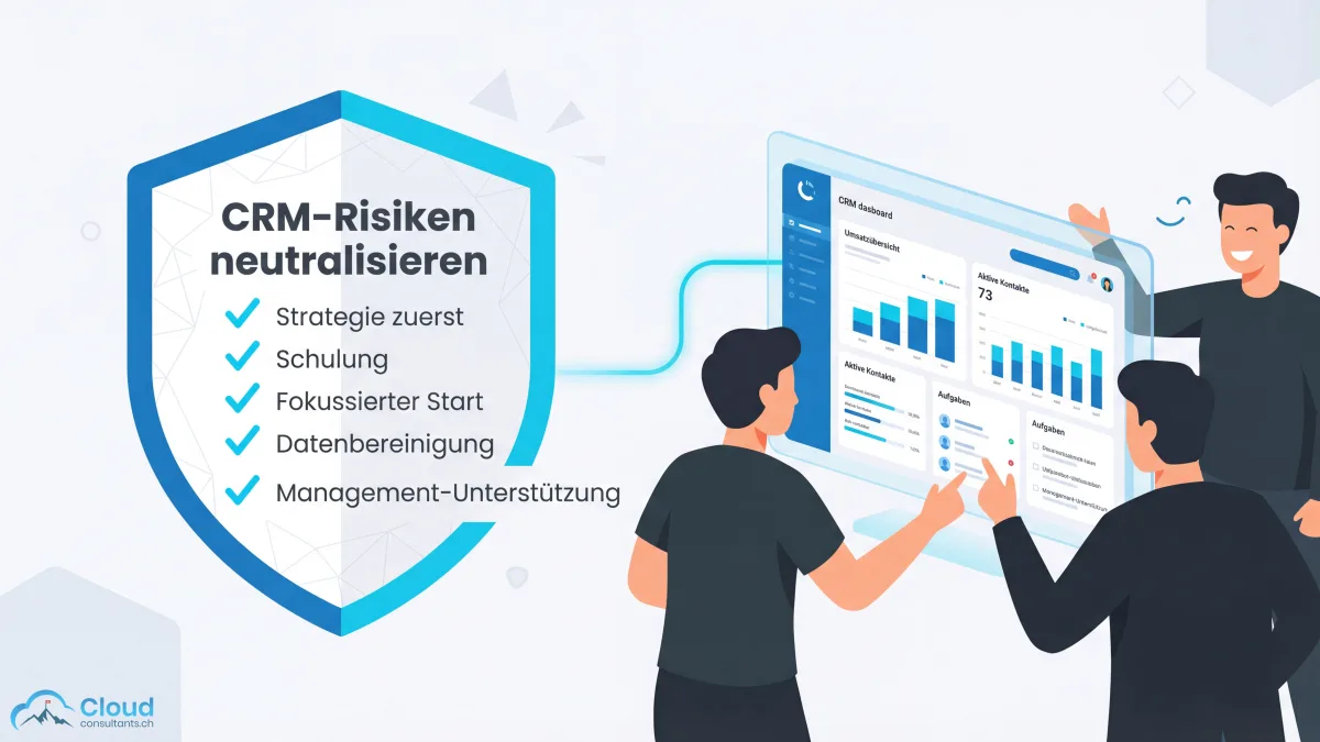 Fünf Gegenmassnahmen gegen CRM-Nachteile: Ein Schutzschild mit Checkliste zeigt Strategie, Schulung, fokussierten Start, Datenbereinigung und Management-Support — daneben ein Team, das erfolgreich ein CRM-Dashboard nutzt