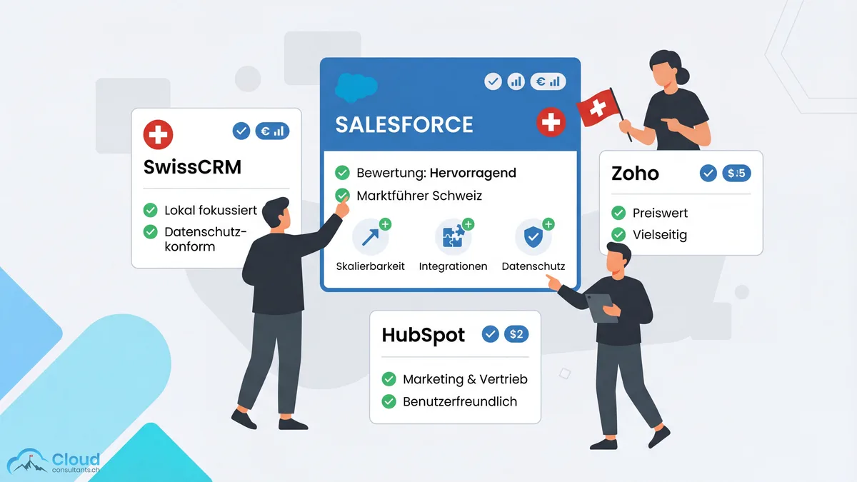 Flat Illustration eines CRM-Anbietervergleichs für den Schweizer Markt: mehrere CRM-Plattformen als Karten nebeneinander mit Vergleichs-Häkchen, Preisangaben und Bewertungskriterien wie Skalierbarkeit und Datenschutz