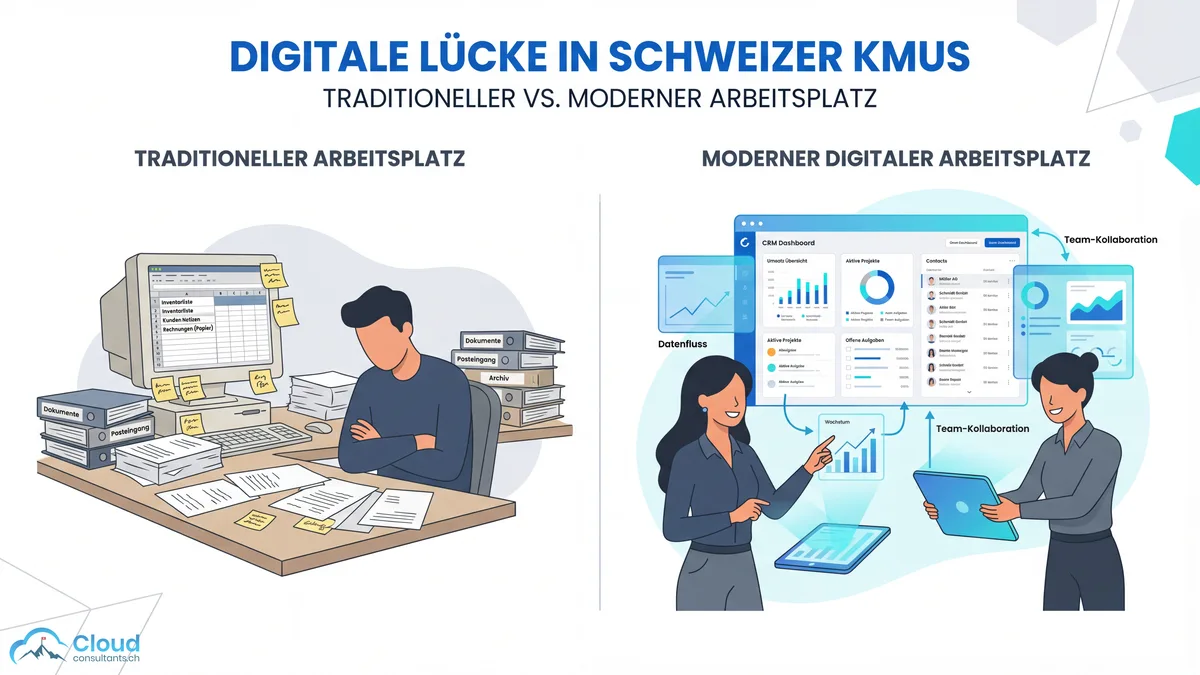 Flat Illustration der Digitalisierungslücke bei Schweizer KMU: links traditionelles Büro mit verstreuten Dokumenten und Excel-Tabellen, rechts modernes CRM-Dashboard mit verbundenen Datenflüssen und organisierten Kundeninformationen