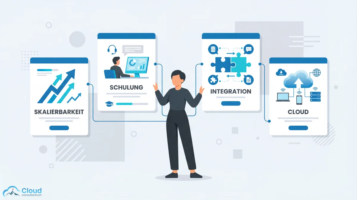 Vier CRM-Auswahlkriterien als verbundene Karten: Skalierbarkeit mit wachsenden Pfeilen, Schulung mit Person und Bildschirm, Integration als Puzzleteile und Cloud mit verbundenen Geräten — eine Person im Zentrum evaluiert die Optionen