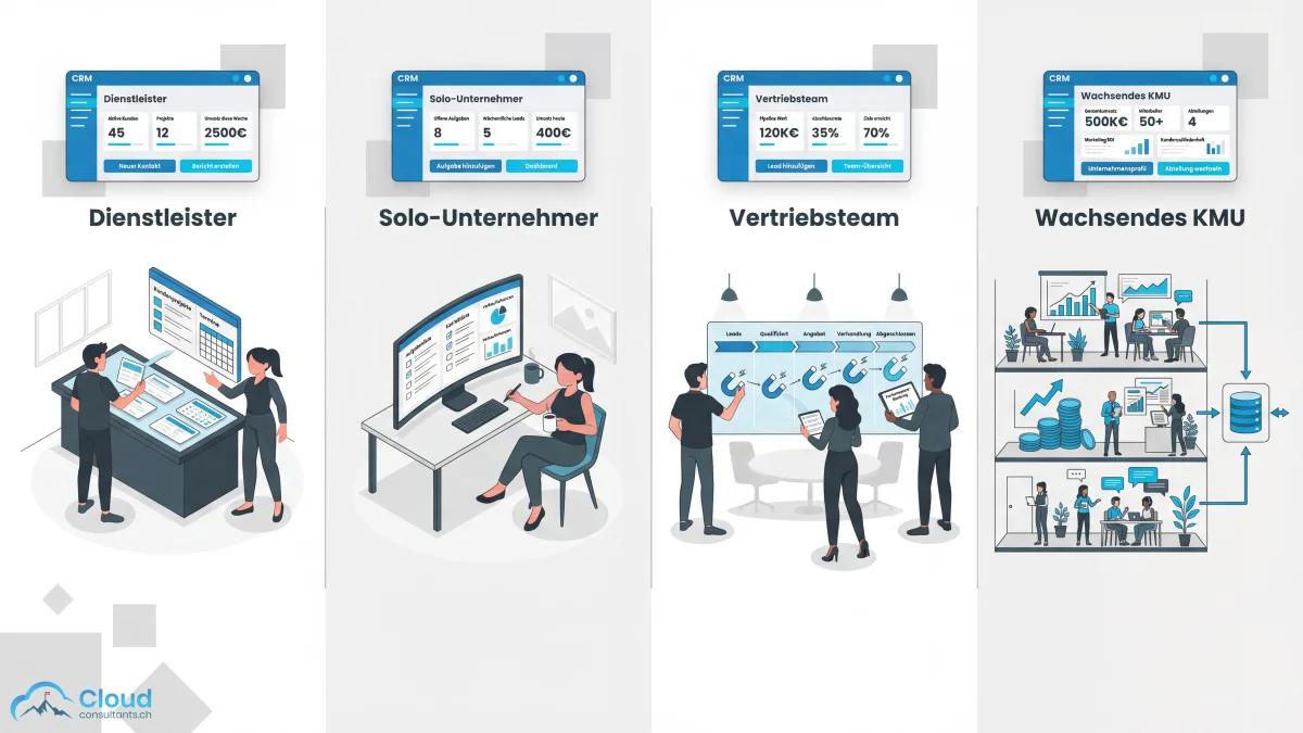 Vier Unternehmensszenarien mit passender CRM-Empfehlung: Dienstleister, Solo-Unternehmer, Vertriebsteam und wachsendes KMU — jedes Szenario zeigt eine andere Arbeitsumgebung mit zugehörigem CRM-Bildschirm