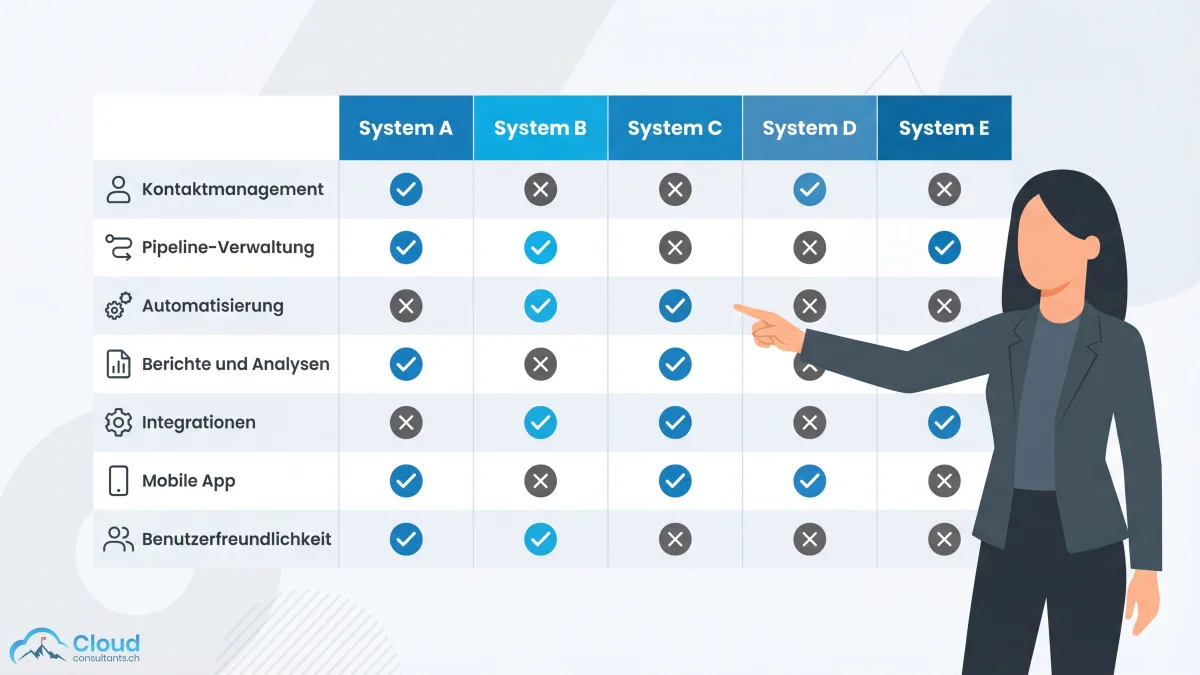 Fünf CRM-Systeme im Vergleich: Eine Person hält eine Checkliste mit Funktionen wie Kontaktmanagement, Vertriebspipeline, Automatisierung und Berichte — fünf CRM-Dashboards mit unterschiedlichen Schwerpunkten im Hintergrund