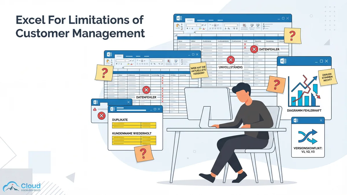 Excel-Limitationen für die Kundenverwaltung: Eine Person sitzt an einem Schreibtisch, umgeben von überlappenden Excel-Tabellen mit Fehlermarkierungen, Duplikaten und Versionskonflikten — typische Warnsignale, dass Tabellen nicht mehr ausreichen