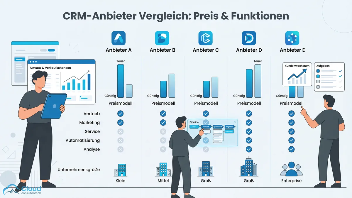 Fünf CRM-Anbieter im Preisvergleich: Spalten mit Preisbalken von günstig bis Enterprise, Feature-Checkmarks und Unternehmensgrössenindikator für Salesforce, HubSpot, Zoho, Pipedrive und Dynamics 365