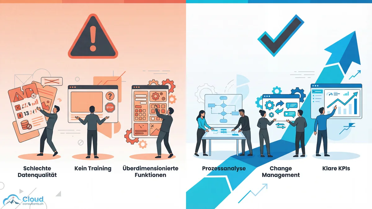 CRM-Implementierung: Fehlerpfad links mit Warndreieck und typischen Stolpersteinen wie schlechte Datenqualität und fehlendes Training, Erfolgspfad rechts mit Prozessanalyse, Change Management und klaren KPIs