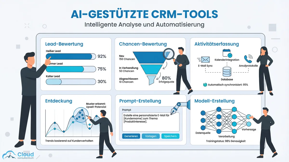Übersicht der Einstein-Tools: Lead Scoring, Opportunity Scoring, Activity Capture, Discovery, Prompt Builder und Model Builder als Dashboard-Karten mit jeweiligen Funktionssymbolen