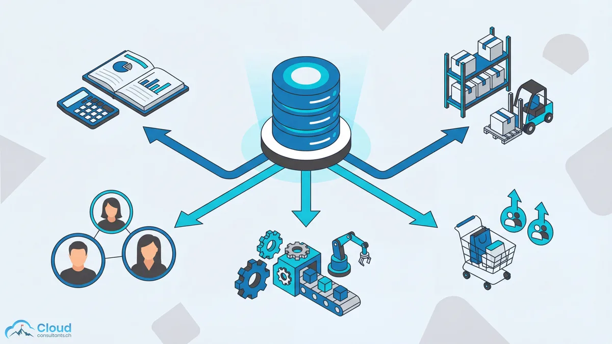 ERP-System-Funktionen: Zentrale Datenbank verbindet Finanzen, Lager, Produktion, Einkauf und Personalwesen