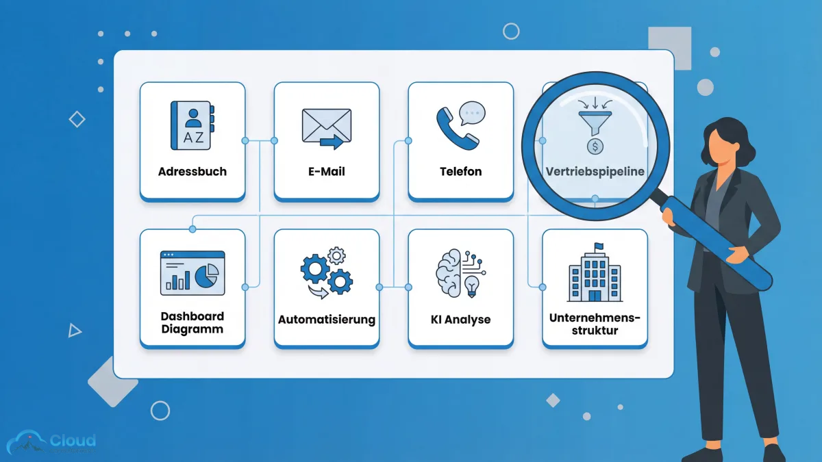 Acht Kontaktmanagement-Tools als Vergleichskarten auf einem Board: Jede Karte zeigt ein minimalistisches Icon für einen anderen Ansatz — vom Adressbuch über Pipeline-Trichter bis zum Enterprise-Dashboard