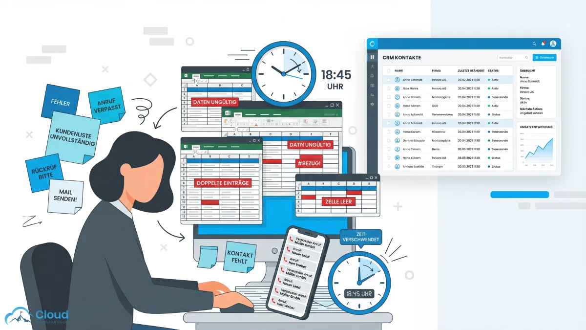 Zeitverlust durch manuelles Kontaktmanagement: Eine gestresste Person am Schreibtisch mit verstreuten Post-its, offenen Excel-Tabellen und verpassten Anrufen — im Hintergrund ein aufgeräumtes CRM-Dashboard als Kontrast