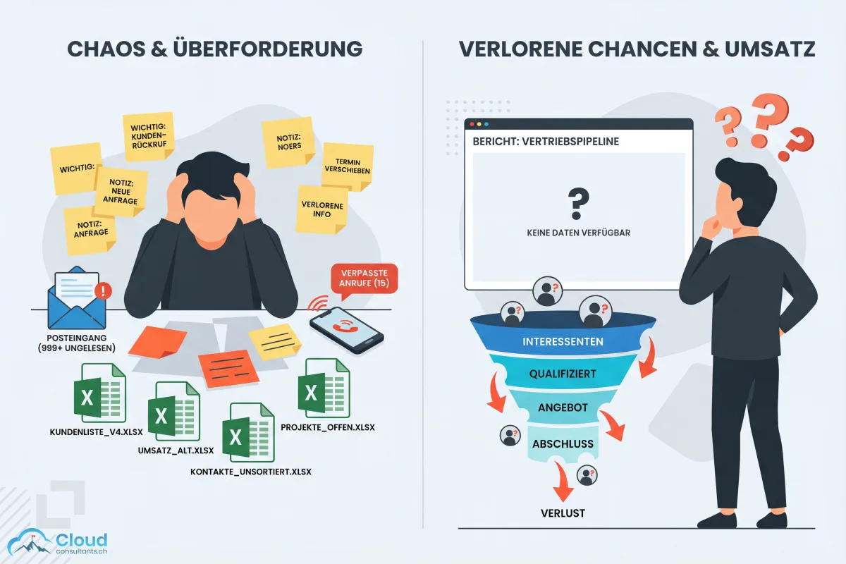 Die zwei Seiten fehlenden Kundenmanagements: Links manuelles Chaos mit überquellendem Posteingang, Zetteln und verstreuten Tabellen — rechts verlorene Verkaufschancen, die durch Lücken in der Pipeline fallen