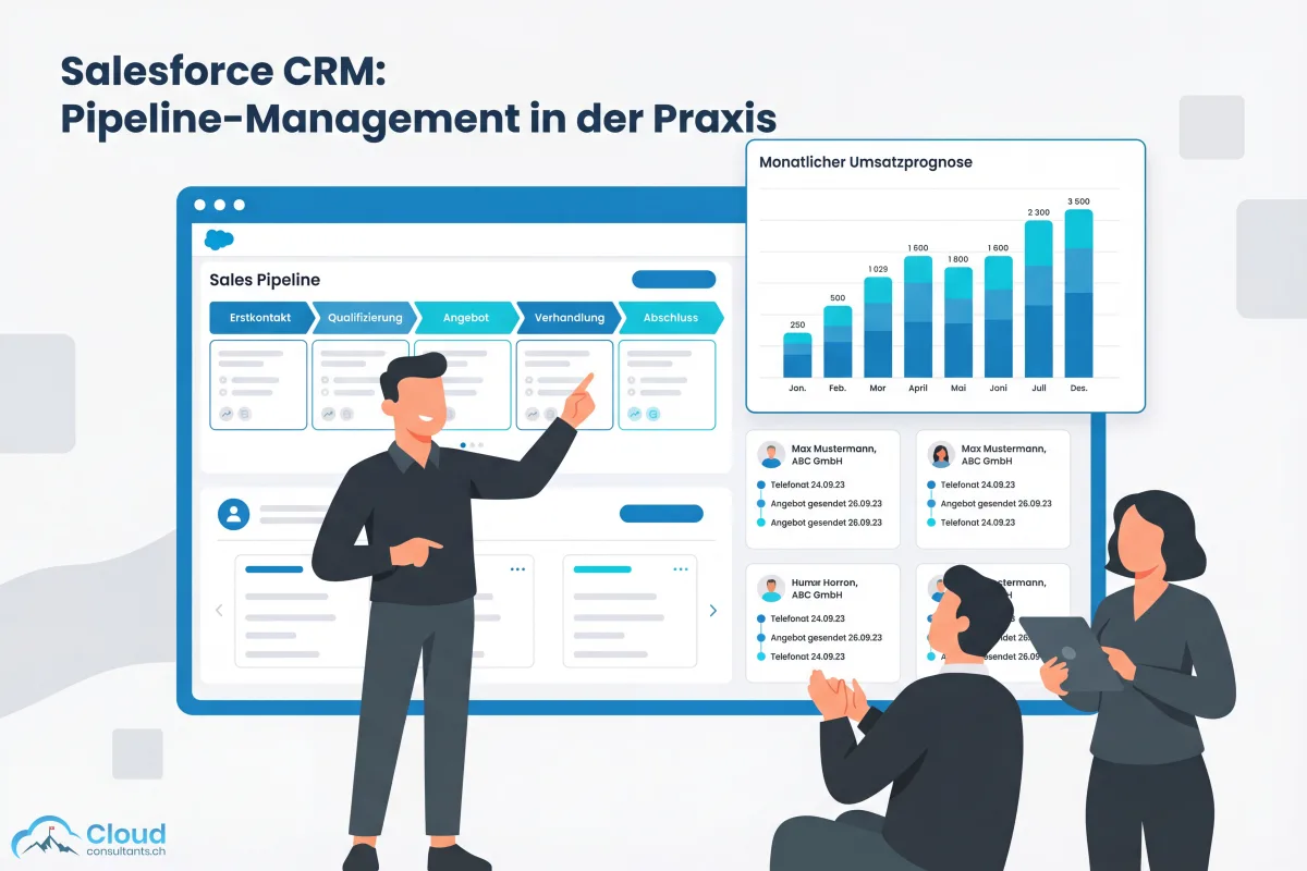 Salesforce CRM in der Praxis: Sales Pipeline mit den Phasen Erstkontakt, Qualifizierung, Angebot, Verhandlung und Abschluss, dazu eine monatliche Umsatzprognose und Kontaktkarten mit Aktivitätshistorie