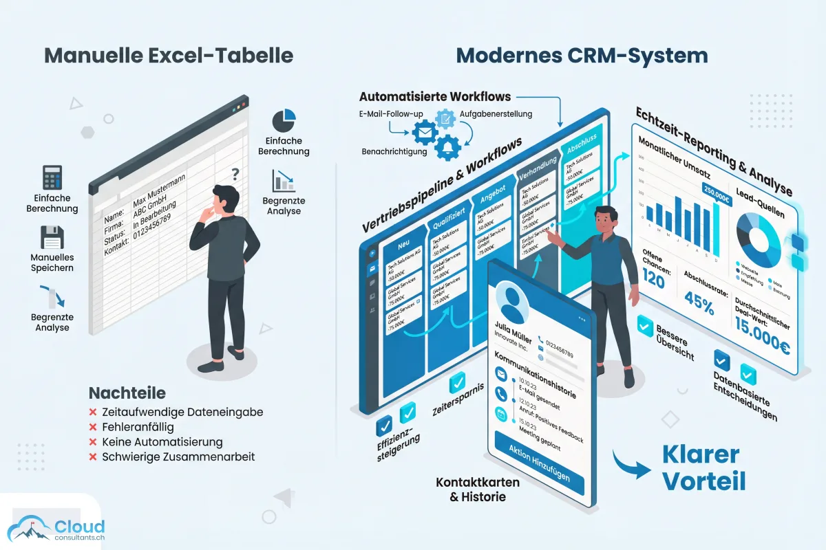 Vergleich Excel vs. CRM-System: Links eine einfache Tabelle mit begrenzten Funktionen, rechts ein modernes CRM-Dashboard mit Pipeline, automatisierten Workflows, Kontaktkarten und Echtzeit-Berichten