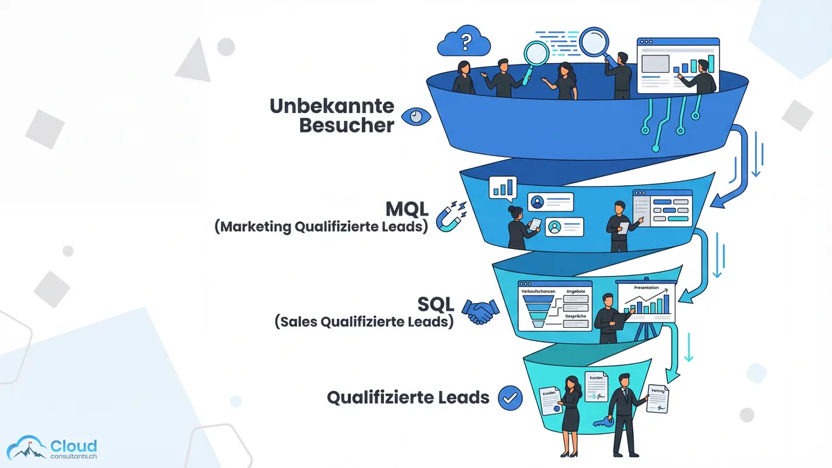 Darstellung eines Lead-Generierungs-Funnels mit verschiedenen Lead-Typen von MQL über SQL bis zum qualifizierten Kontakt