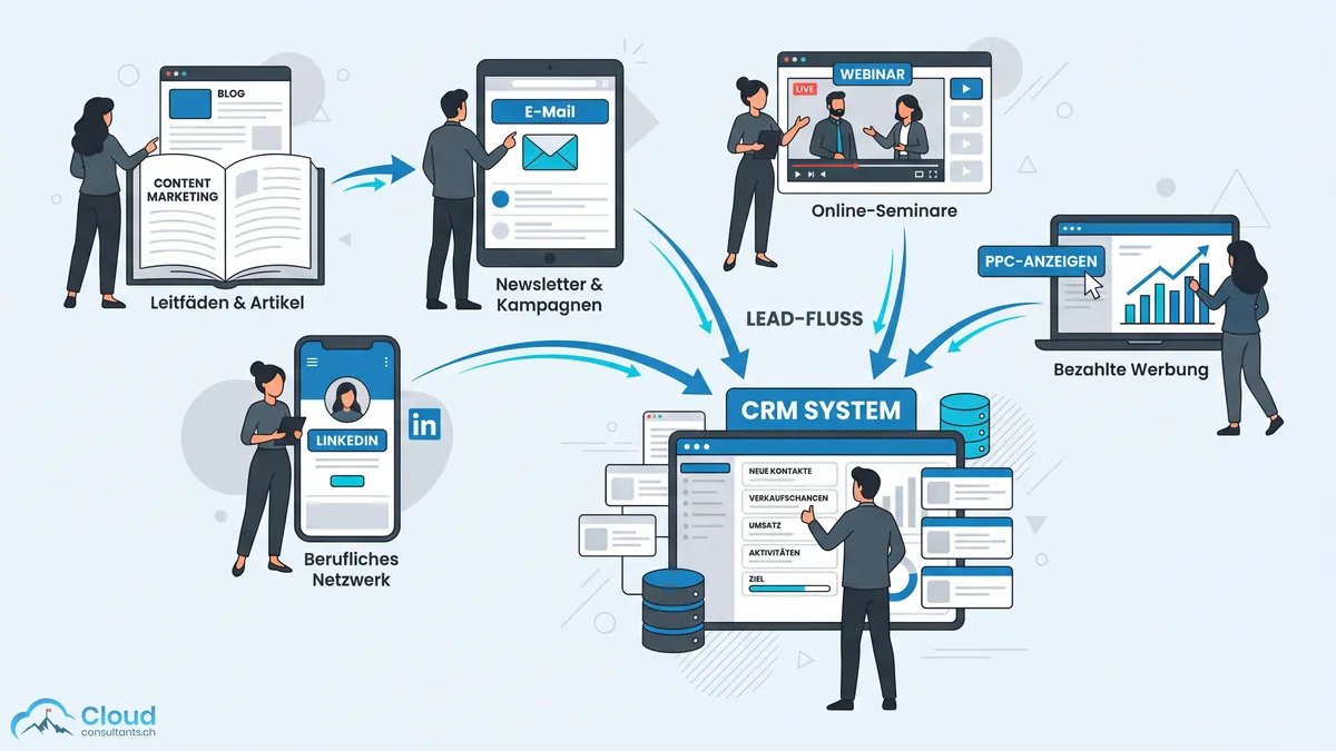 Übersicht der wichtigsten Lead-Generierungskanäle: Content Marketing, E-Mail, LinkedIn, Webinare und PPC-Anzeigen fliessen in ein zentrales CRM-System