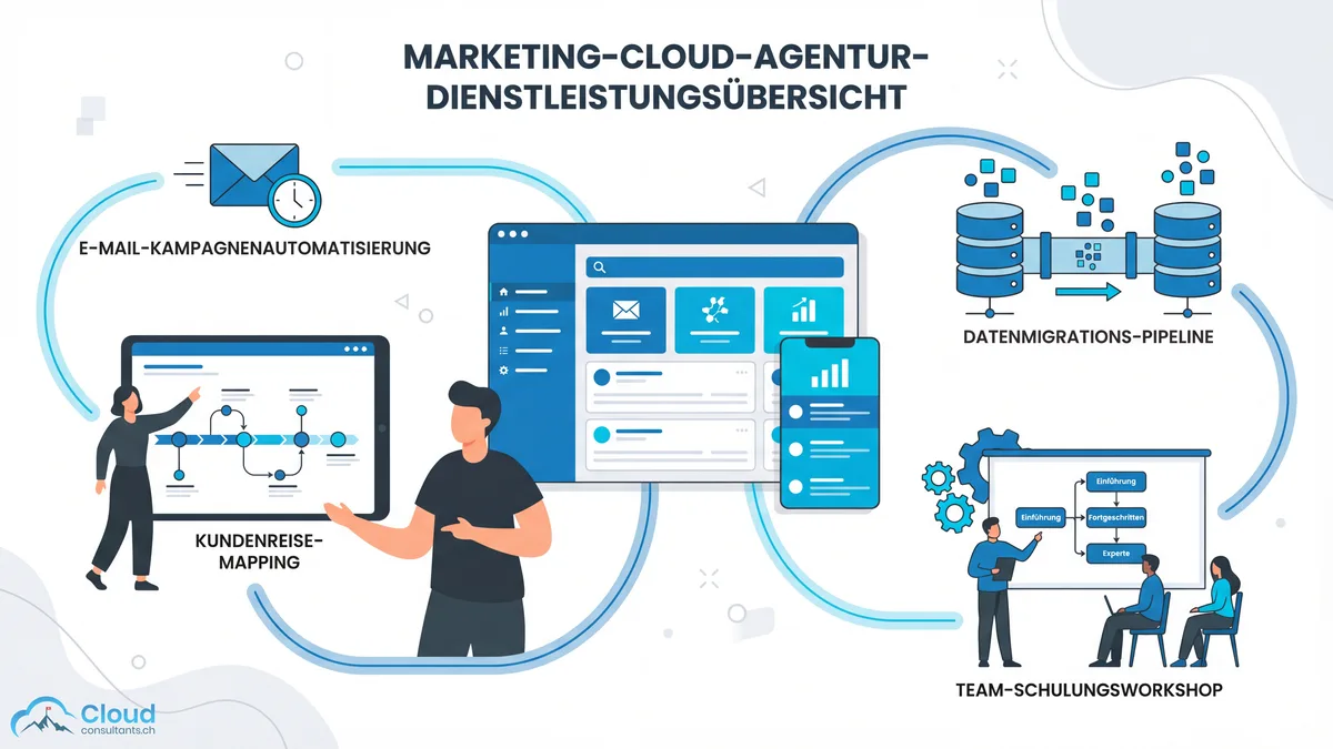 Dienstleistungsübersicht einer Marketing Cloud Agentur: E-Mail-Kampagnenautomatisierung, Kundenreise-Mapping, Datenmigrations-Pipeline und Team-Schulungsworkshop
