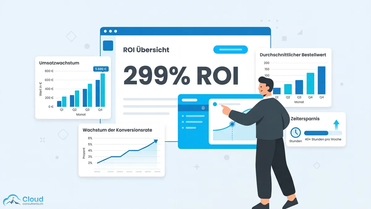 ROI-Dashboard mit 299% Return on Investment, Umsatzwachstum, Steigerung des durchschnittlichen Bestellwerts, Konversionsraten-Wachstum und Zeitersparnis