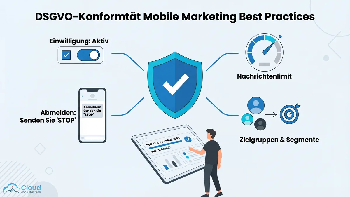 DSGVO-konforme Mobile-Marketing-Best-Practices: Einwilligung per Opt-in-Toggle, Abmeldung per STOP-SMS, Nachrichtenlimit und Zielgruppen-Segmentierung