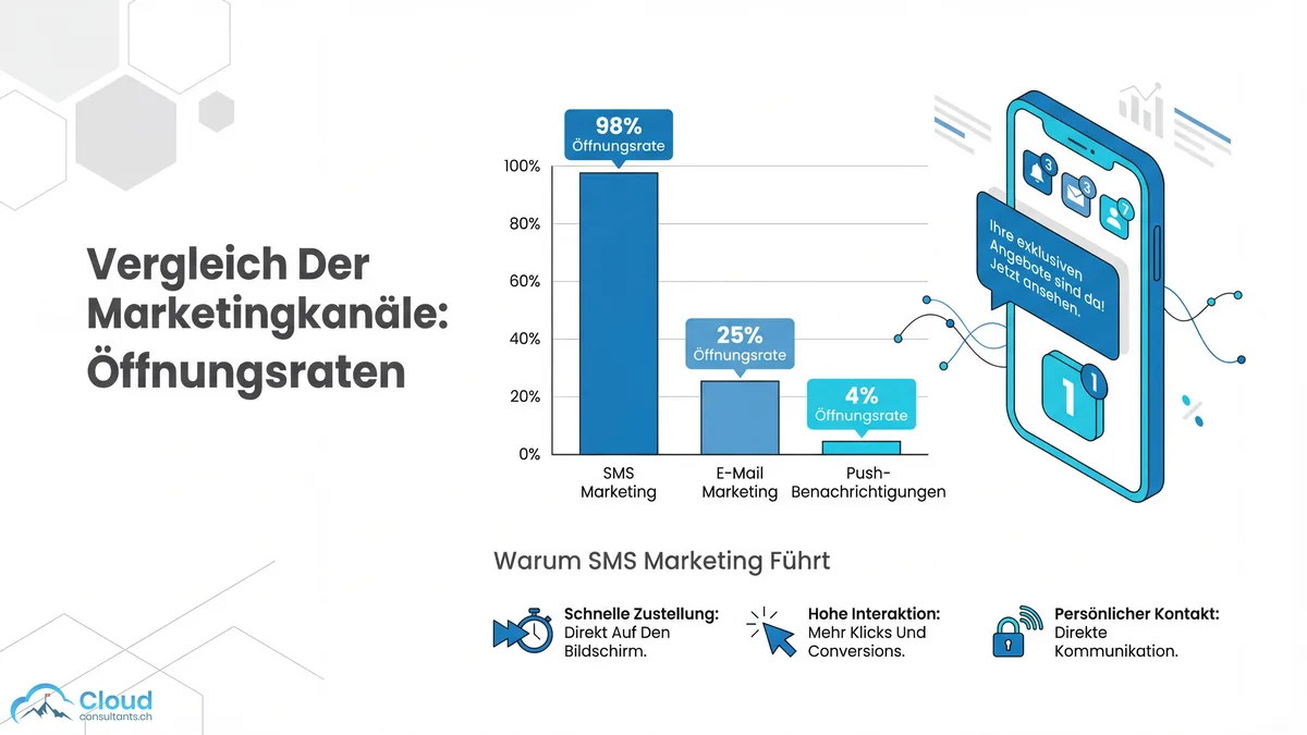 Vergleich der Öffnungsraten verschiedener Mobile-Marketing-Kanäle: SMS mit 98%, E-Mail mit 25% und Push-Benachrichtigungen mit 4% in einem Balkendiagramm