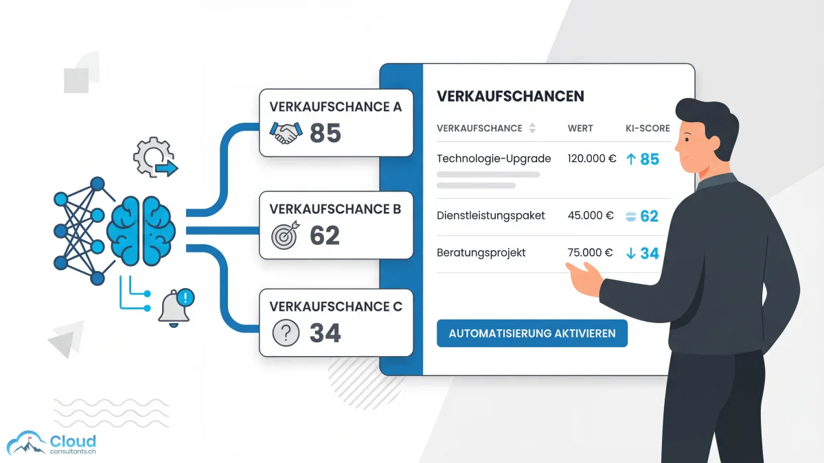 KI-gestütztes Opportunity Scoring: Neuronales Netzwerk bewertet Verkaufschancen mit Scores von 85, 62 und 34 und zeigt sie in einer nach Priorität sortierten Liste