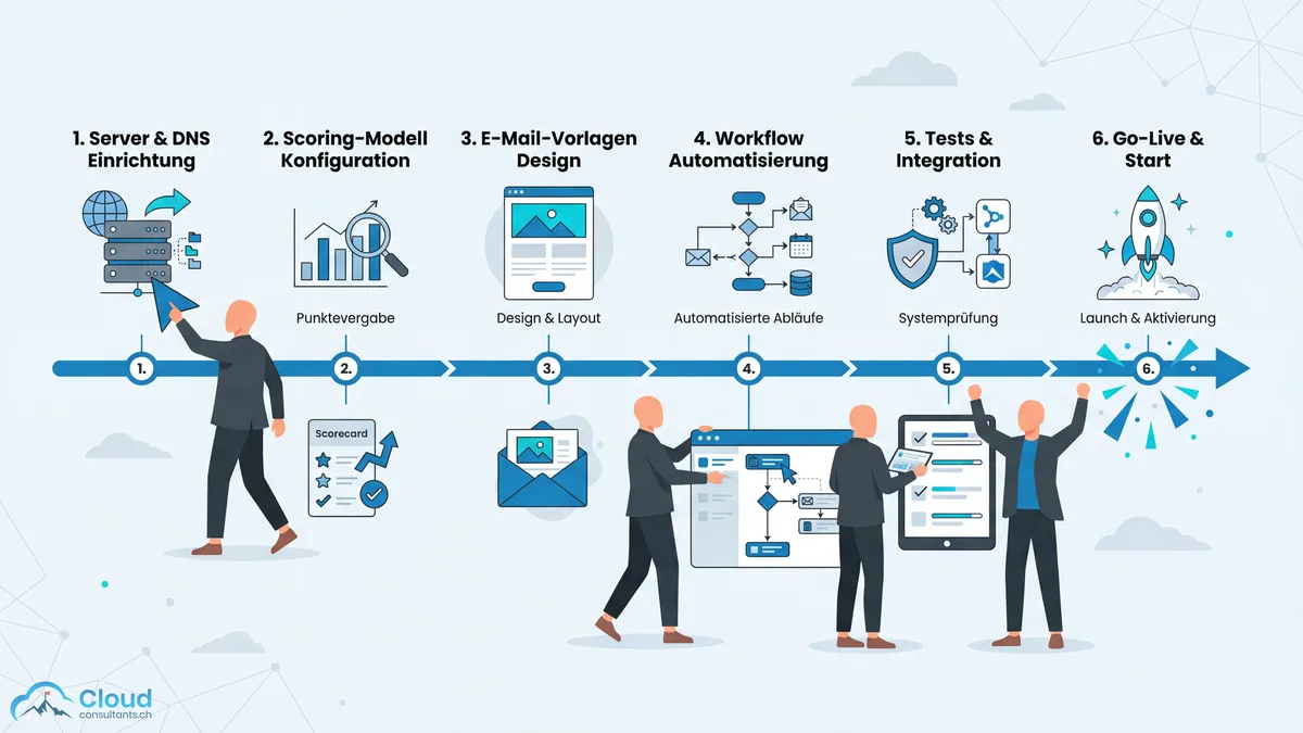Flat Illustration: Sechs-Schritte-Implementierungsprozess für Pardot als horizontale Roadmap mit Icons für DNS-Setup, Scoring-Modell, E-Mail-Templates, Workflow-Automatisierung, Testing und Go-Live