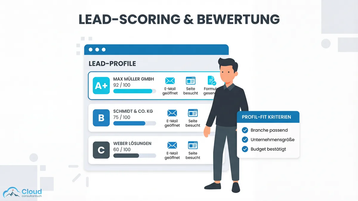 Flat Illustration: Pardot Lead-Scoring und Grading mit Dashboard-Ansicht, Buchstabenbewertungen A+ bis C und numerischen Engagement-Scores basierend auf E-Mail-Klicks, Seitenbesuchen und Formularabsendungen