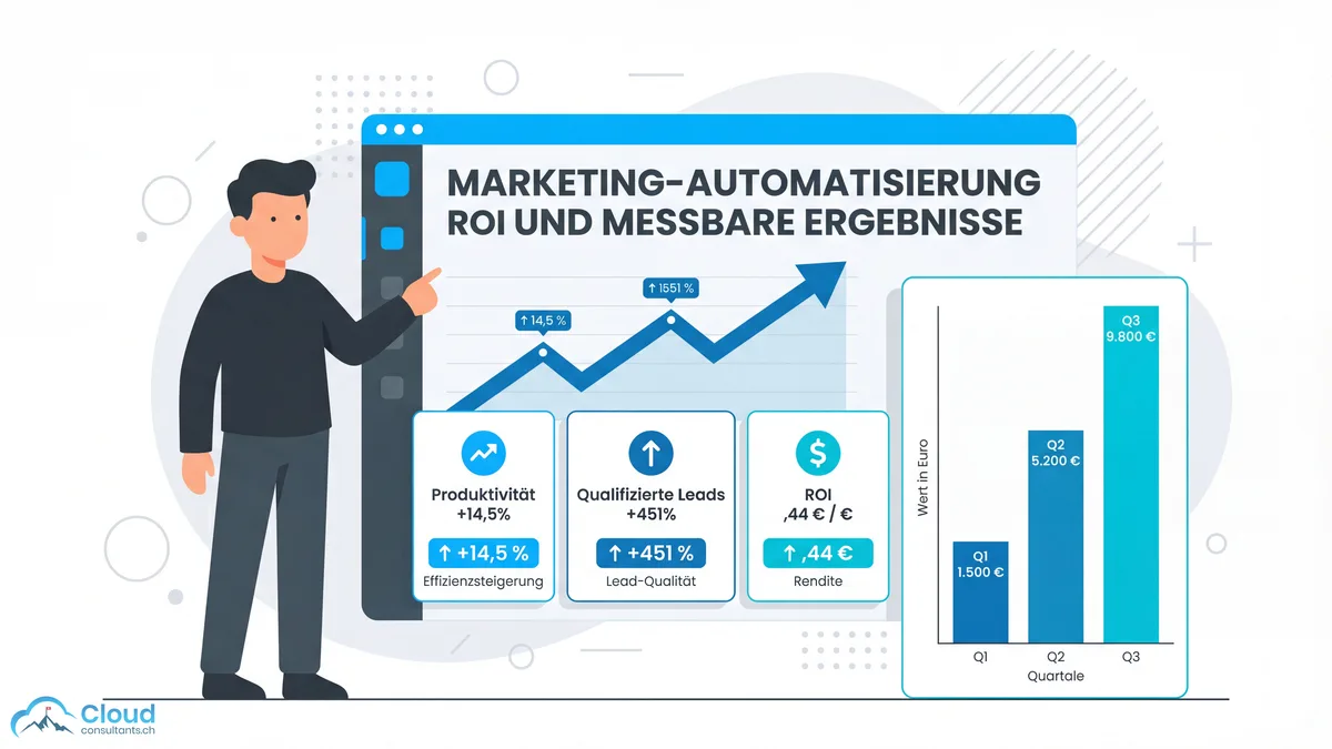 Flat Illustration: Marketing-Automatisierung ROI-Dashboard mit Balkendiagramm, Kennzahlen für Produktivitätssteigerung von 14,5 Prozent, qualifizierte Leads plus 451 Prozent und 5,44 USD Ertrag pro investiertem Dollar