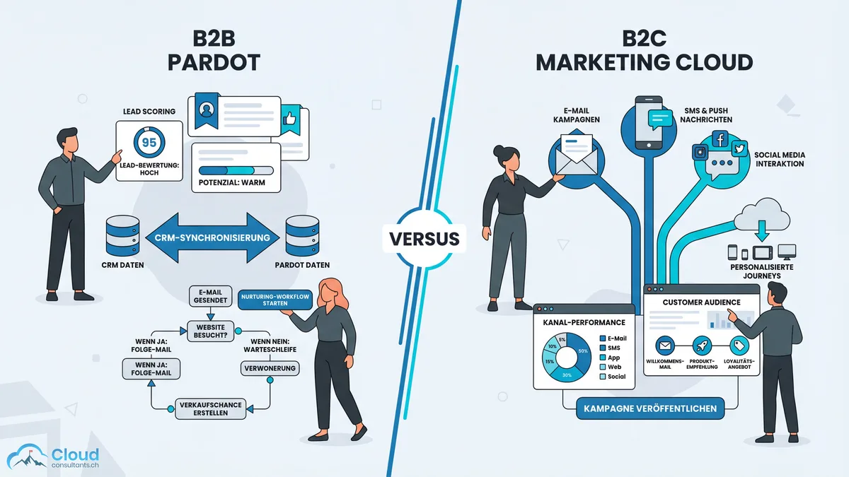 Flat Illustration: Vergleich zwischen Pardot B2B-Funktionen wie Lead-Scoring und CRM-Synchronisation auf der linken Seite und Marketing Cloud B2C-Funktionen wie E-Mail, SMS, Push und Social Media auf der rechten Seite