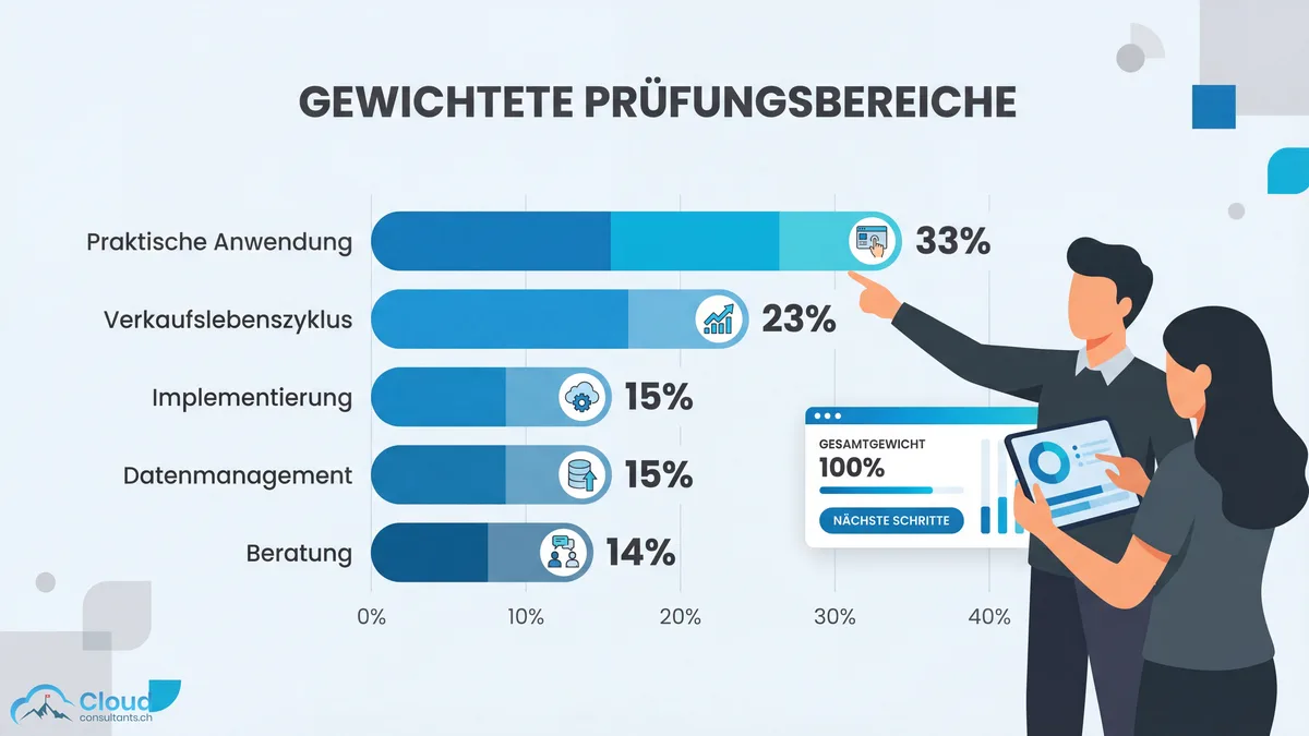 Visualisierung der 5 Prüfungsbereiche der Sales Cloud Consultant Zertifizierung mit prozentualer Gewichtung von Praktischer Anwendung bis Beratungspraktiken