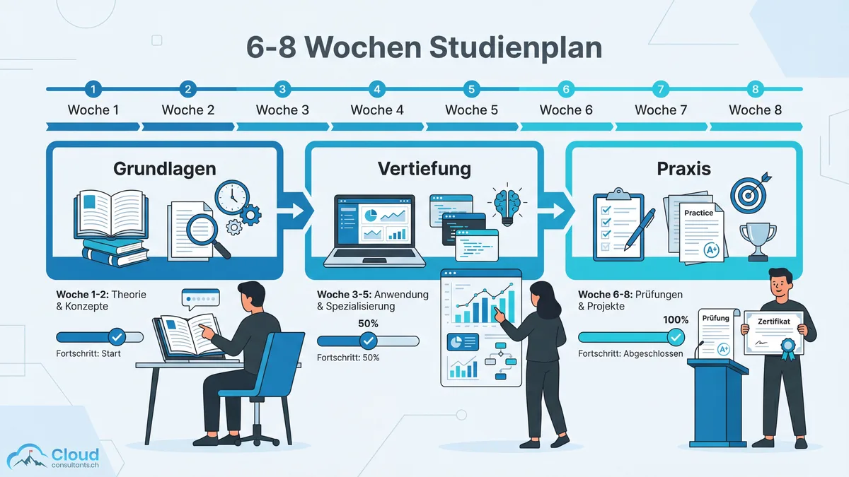 Strukturierter 6-8-Wochen-Studienplan für die Sales Cloud Zertifizierung mit drei Phasen: Grundlagen, Vertiefung und Praxisübungen