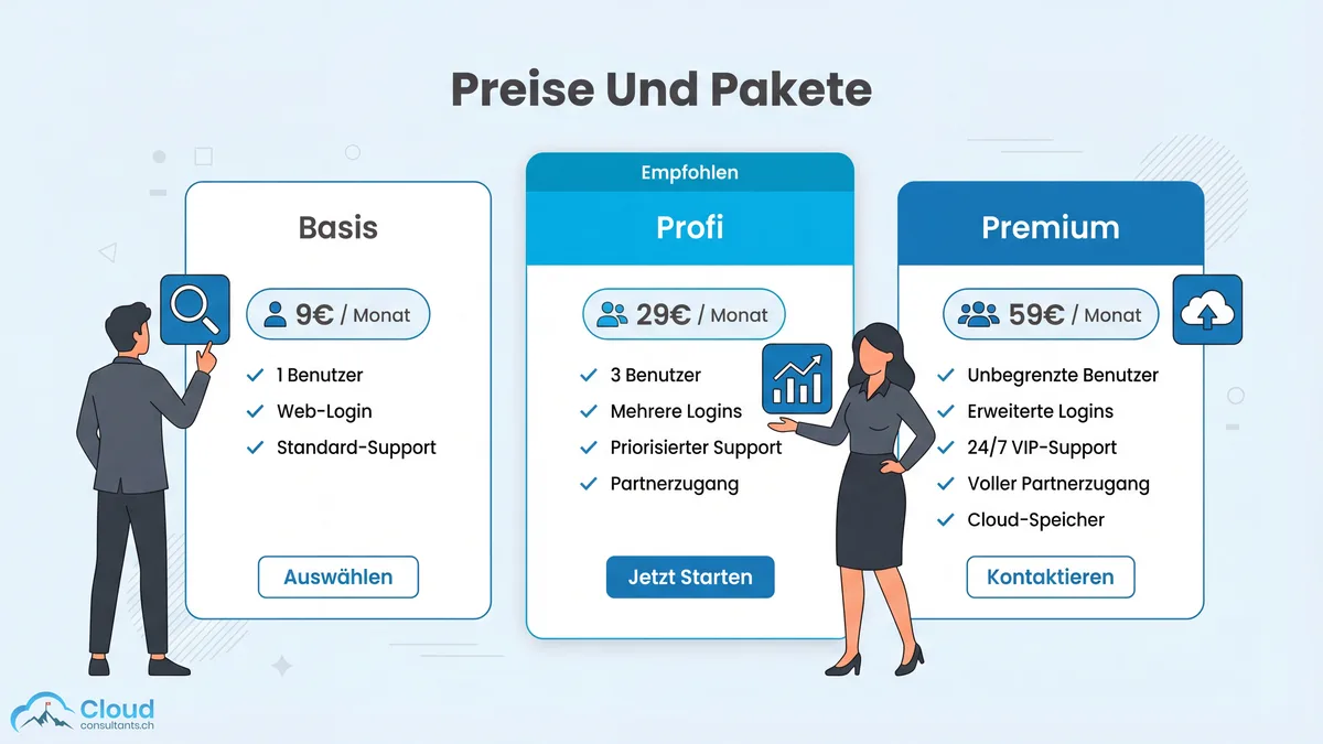 Illustration dreier Preisstufen für Cloud-Software-Lizenzen mit aufsteigenden Feature-Paketen von Basis über Profi bis Premium