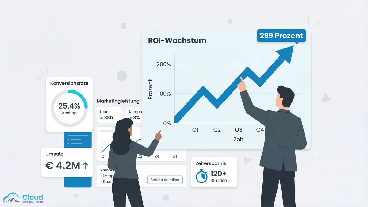 ROI-Wachstumschart mit 299% Return on Investment über drei Jahre laut Forrester TEI-Studie, ergänzt durch Business-Metriken-Dashboard