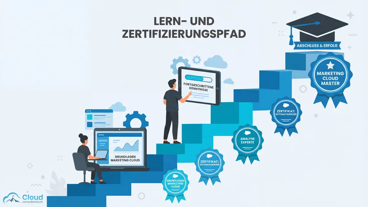 Lernpfad-Illustration mit aufsteigenden Stufen, Zertifizierungs-Badges und Personen am Laptop, die Marketing Cloud Skills über Trailhead aufbauen