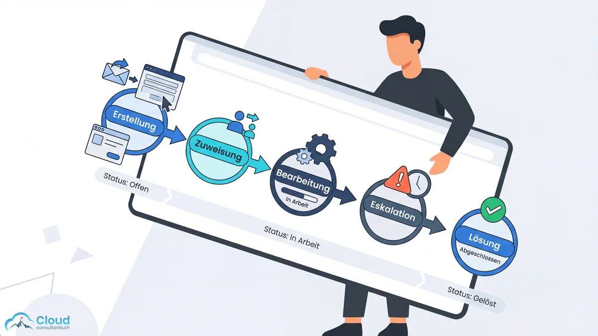 Case-Management-Lebenszyklus in der Service Cloud: Erstellung, Zuweisung, Bearbeitung, Eskalation und Lösung als verbundene Workflow-Schritte mit Status-Indikatoren