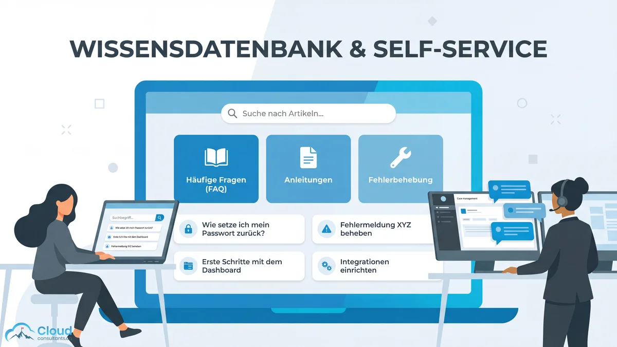Wissensdatenbank und Self-Service-Portal: Kundin sucht eigenständig nach Anleitungen, während eine Service-Agentin KI-gestützte Artikelvorschläge beim Bearbeiten eines Cases erhält