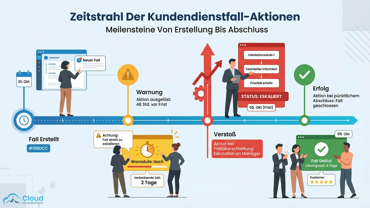 Milestone-Aktionen in der Service Cloud: Warnung, Verstoss und Erfolg im Zeitverlauf